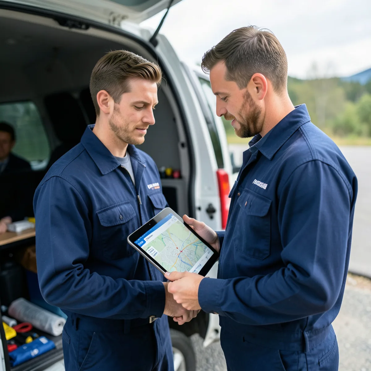 Two plumbing technicians in clean navy uniforms reviewing digital dispatch schedule beside service van