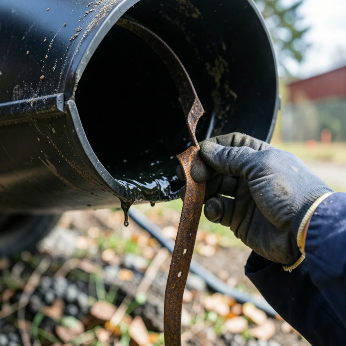 Rusted metal pipe hanger strap causing black ABS drain pipe to sag and hold standing waste