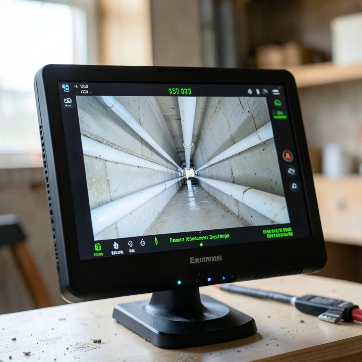 High-resolution sewer camera monitor displaying clean interior pipe walls after cleaning
