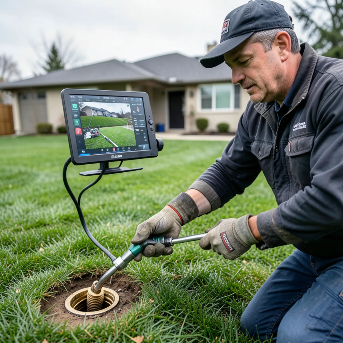 Plumbing specialist guiding sewer camera push rod into an exterior brass cleanout on a residential lawn