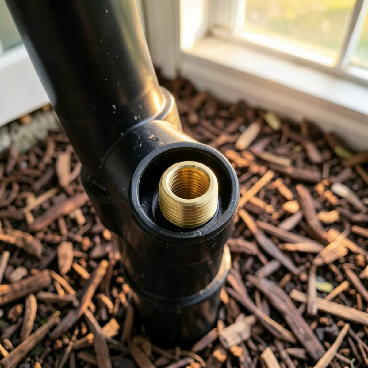Brand new brass threaded cleanout plug screwed flush into a black ABS lateral pipe collar