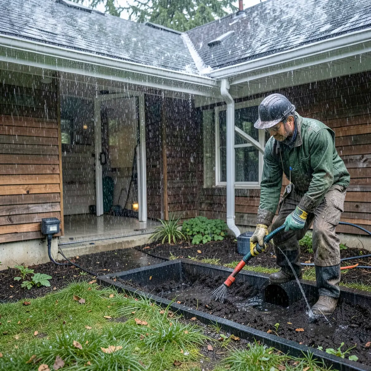 Heavy Pacific Northwest rain falling on residential roof and gutters while plumber inspects cleanout