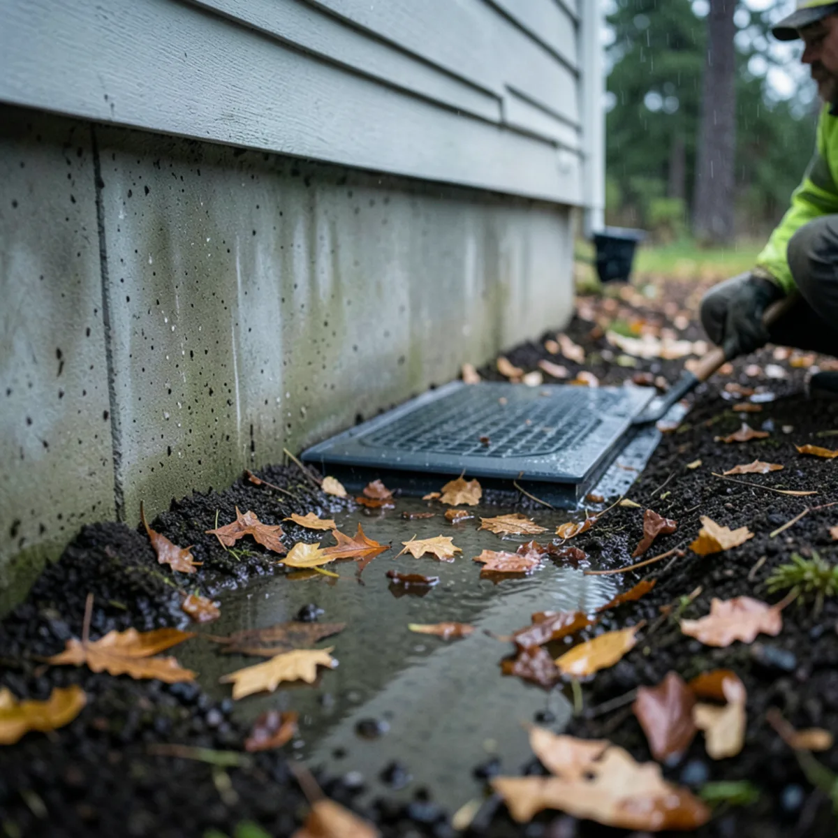 Ponding rainwater near concrete home foundation surrounded by fallen cedar needles