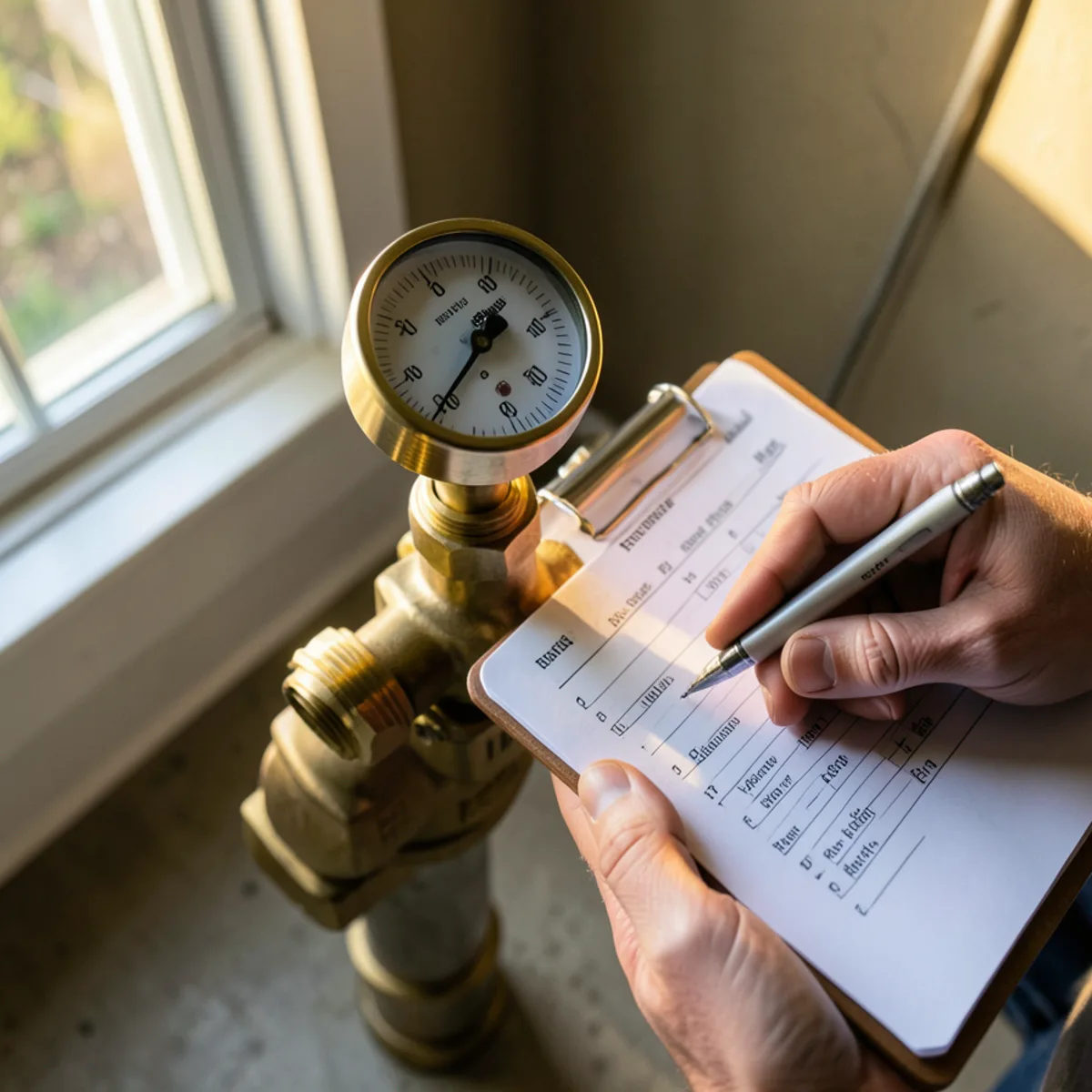 Brass testing manifold with dial pressure gauge holding steady at 80 PSI