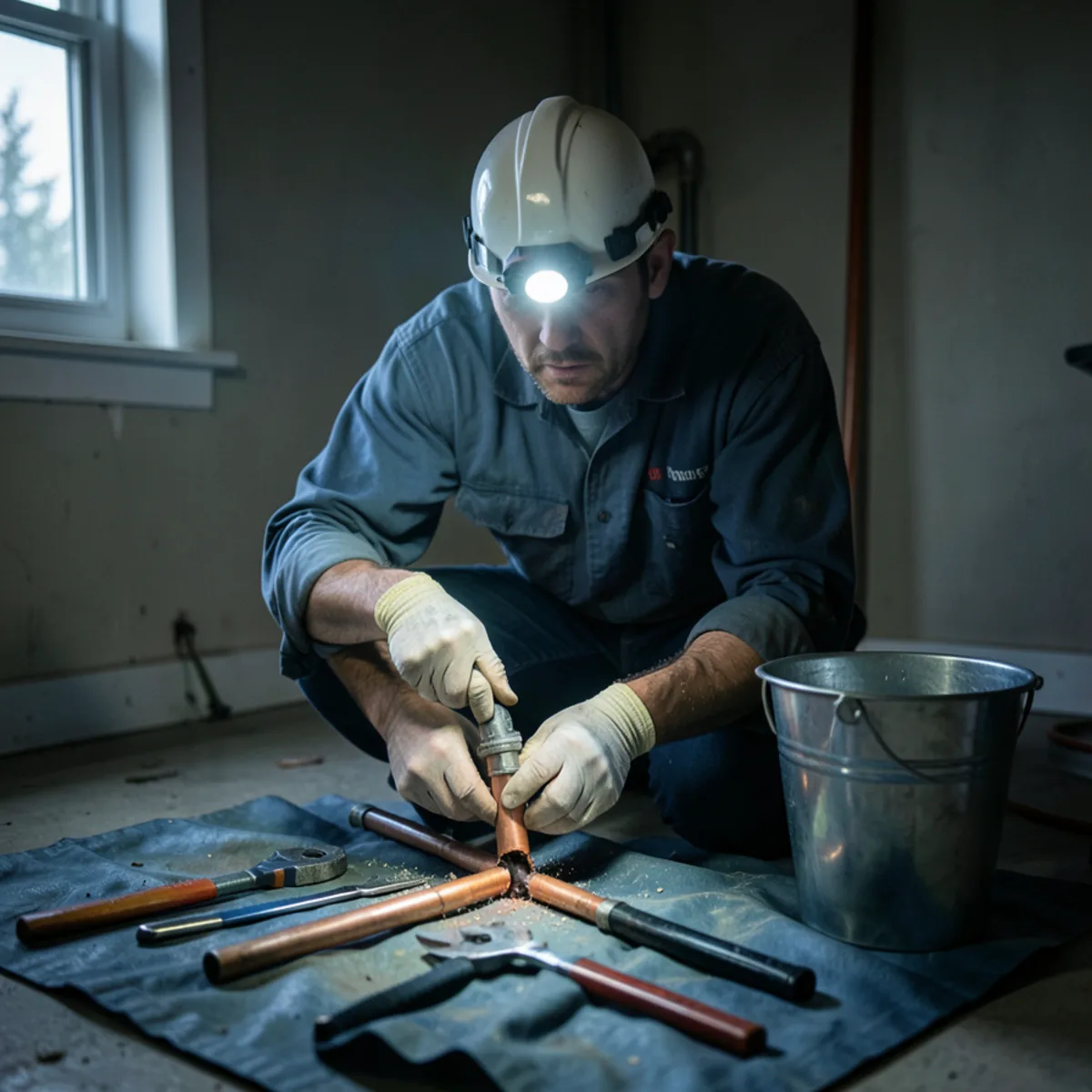 Emergency plumbing technician using LED headlamp to repair a burst copper pipe joint