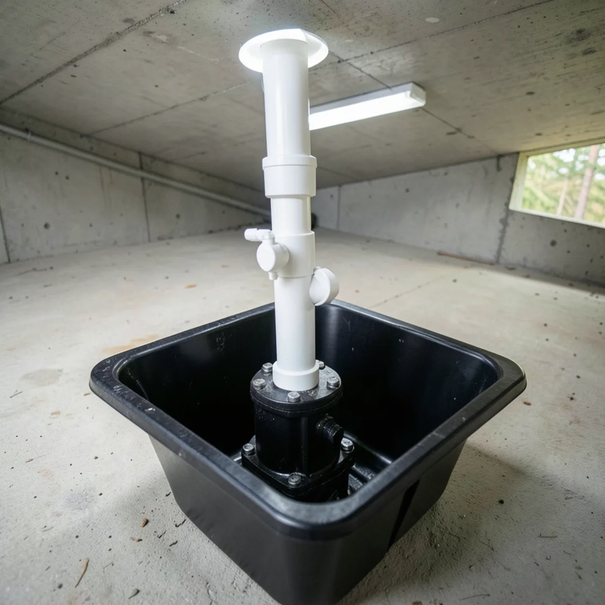 Heavy-duty submersible cast-iron sump pump installed inside a basement drainage basin