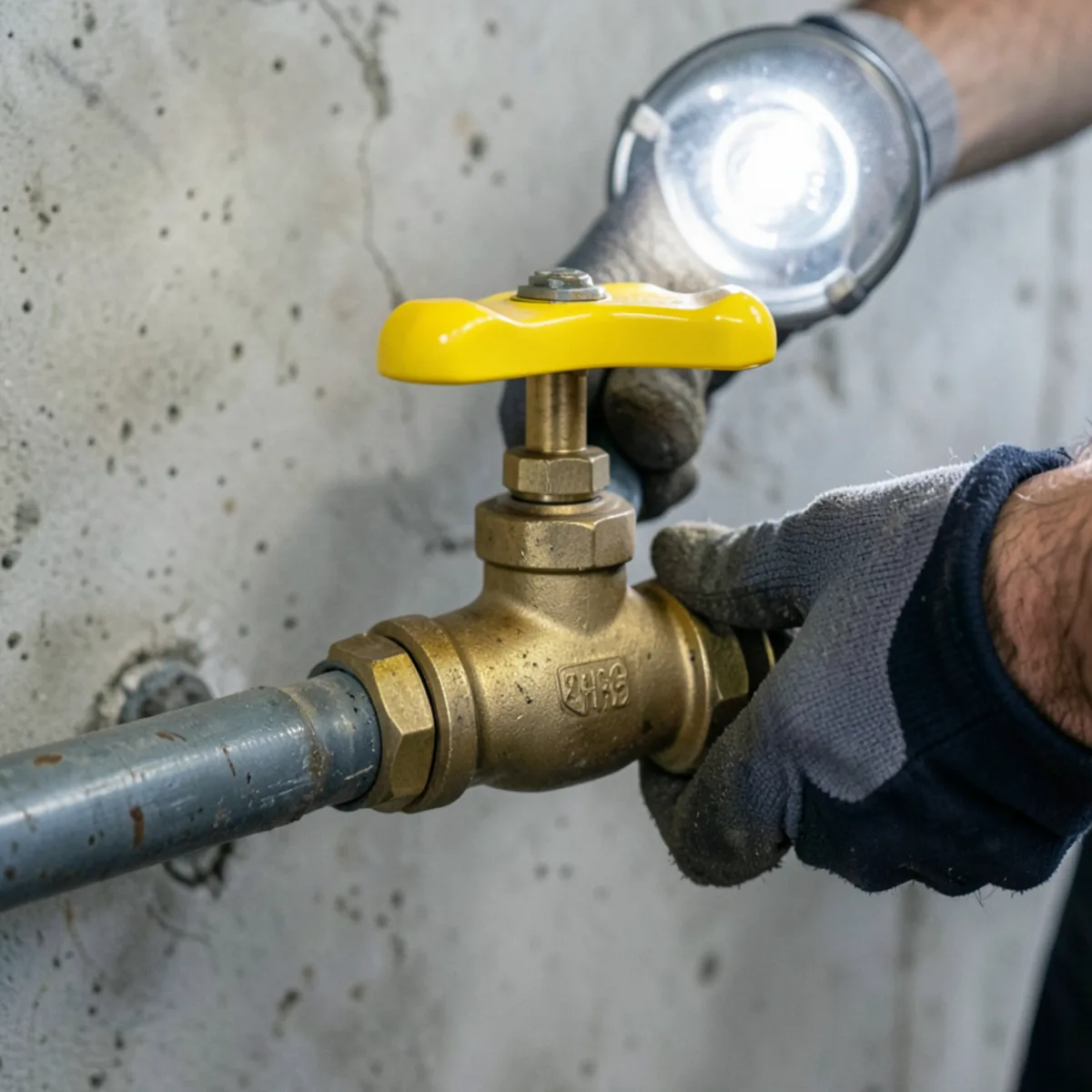 Quarter-turn brass ball valve lever handle rotated to stop water flow