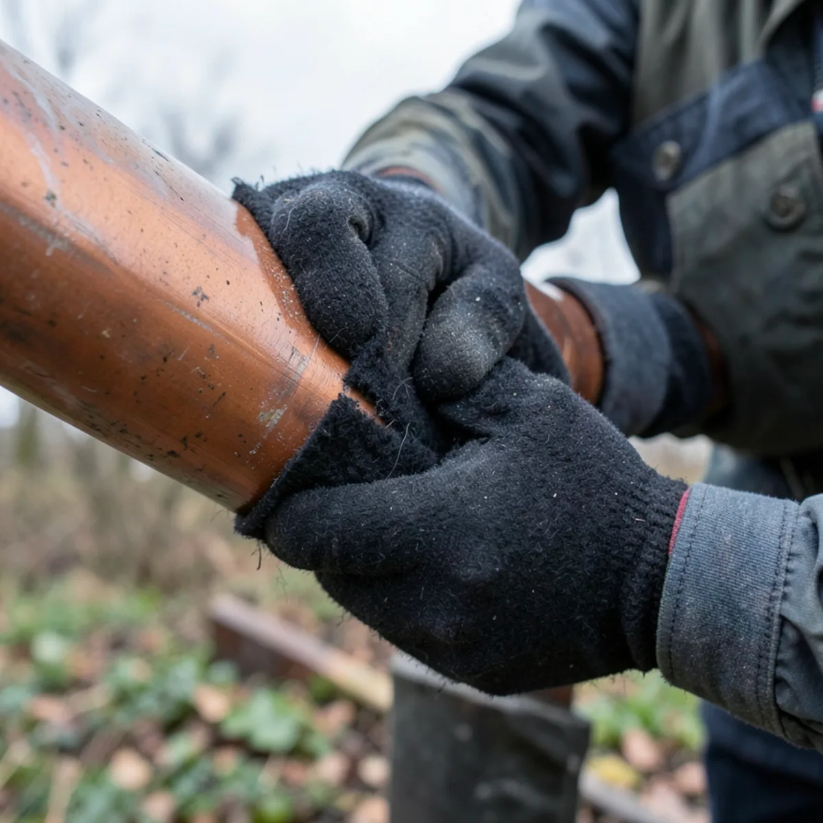 Gloved hands wrapping thick closed-cell foam insulation around exposed outdoor copper pipe