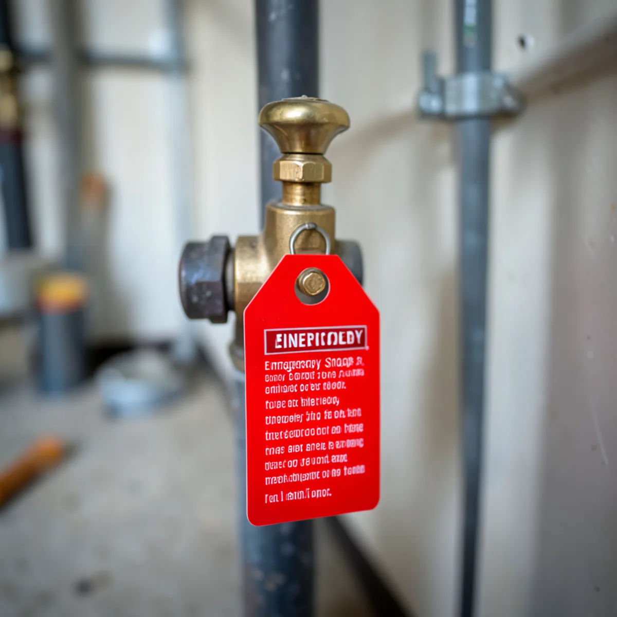 Bright red emergency tag on brass ball valve handle on residential entry pipe