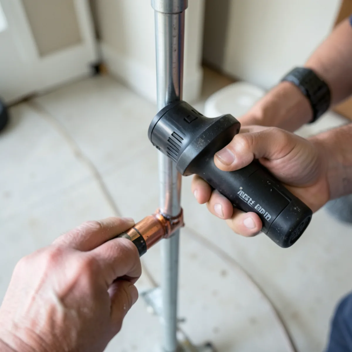 Homeowner safely holding warming heat gun away from copper pipe to thaw gently without open flame