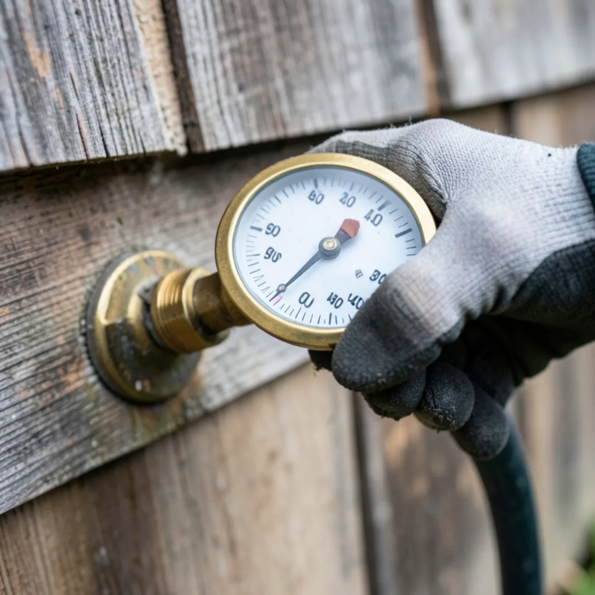 Plumbing technician testing static water pressure with a brass gauge in Snohomish