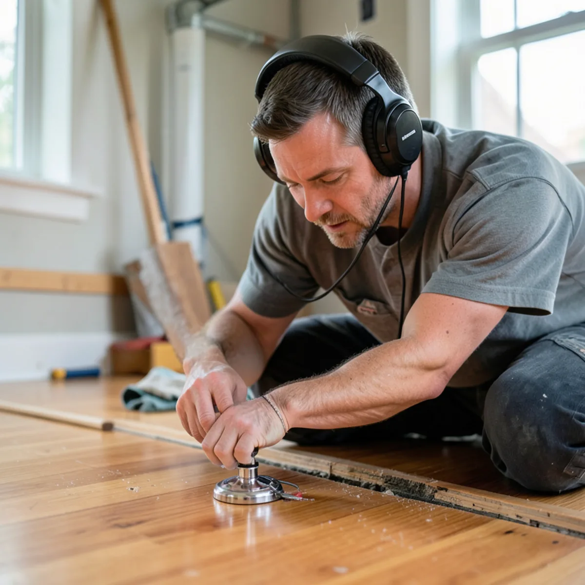 Technician wearing acoustic headphones using ground microphone to pinpoint concealed leak