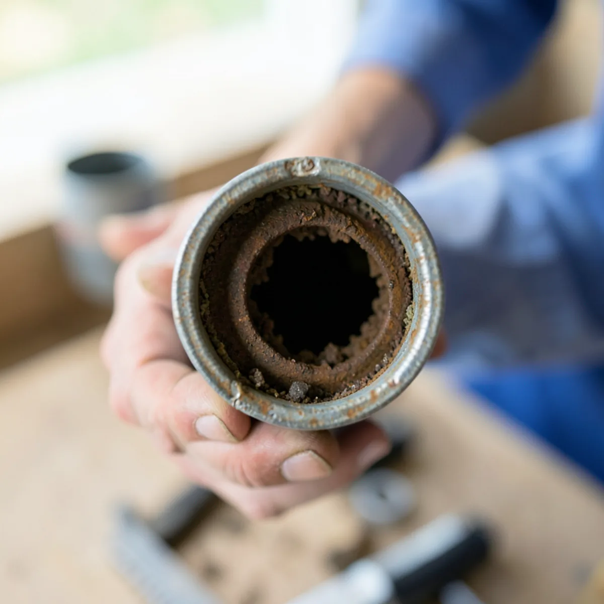 Cut cross-section of severed galvanized steel pipe showing severe interior rust choke