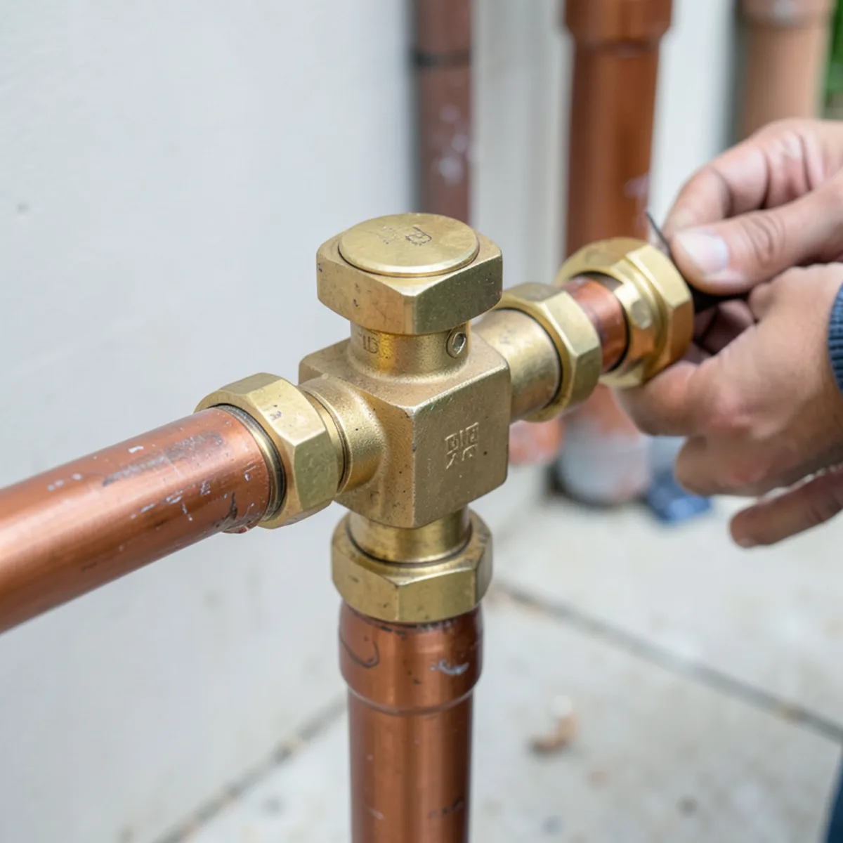 Solid brass pressure reducing valve and shutoff valves installed on incoming copper main