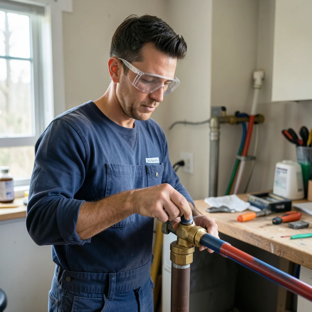 Plumber crimping cold-expansion sleeve over brass tee fitting on flexible PEX water line