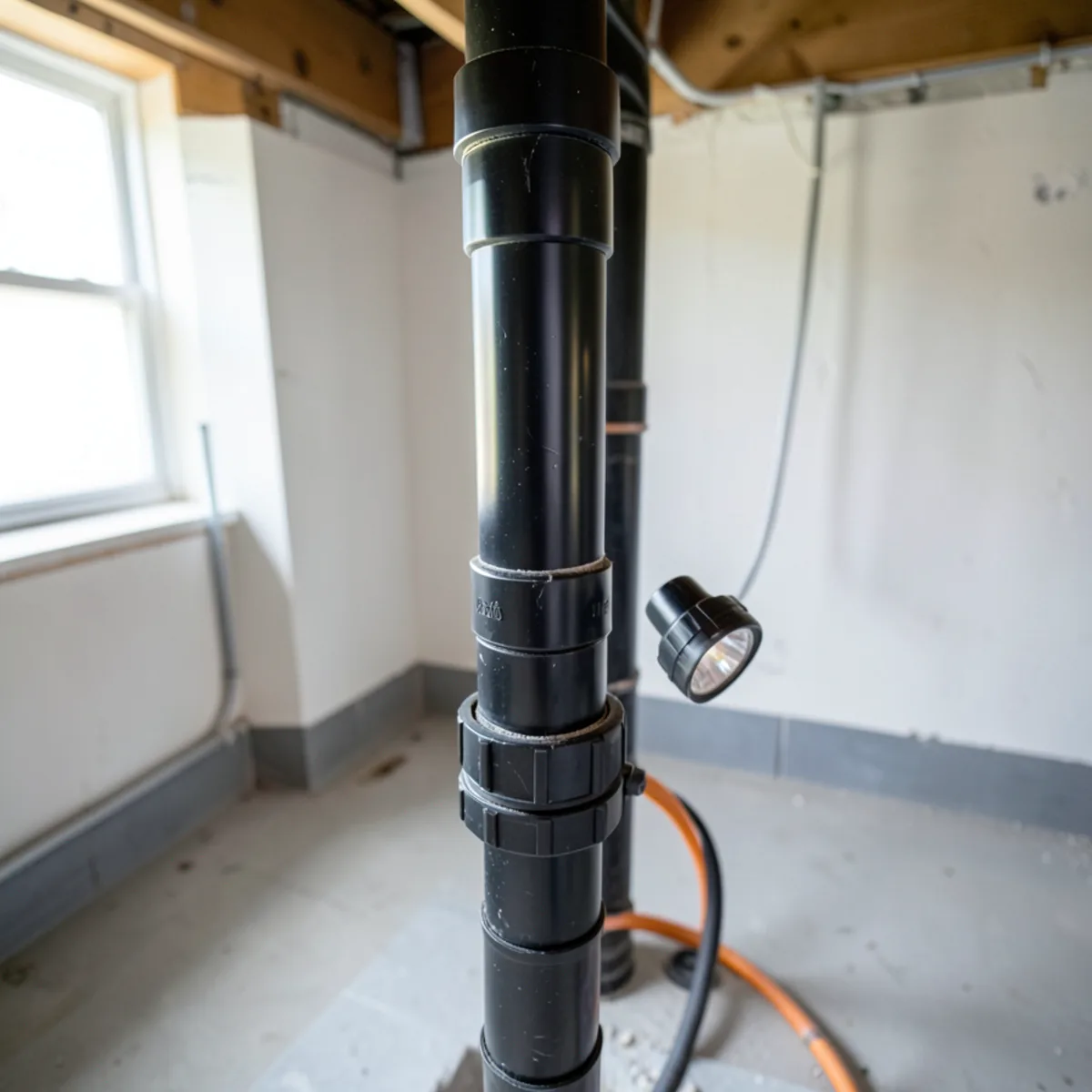 Plumber inside daylight basement replacing fractured 4-inch vertical cast-iron stack with modern ABS