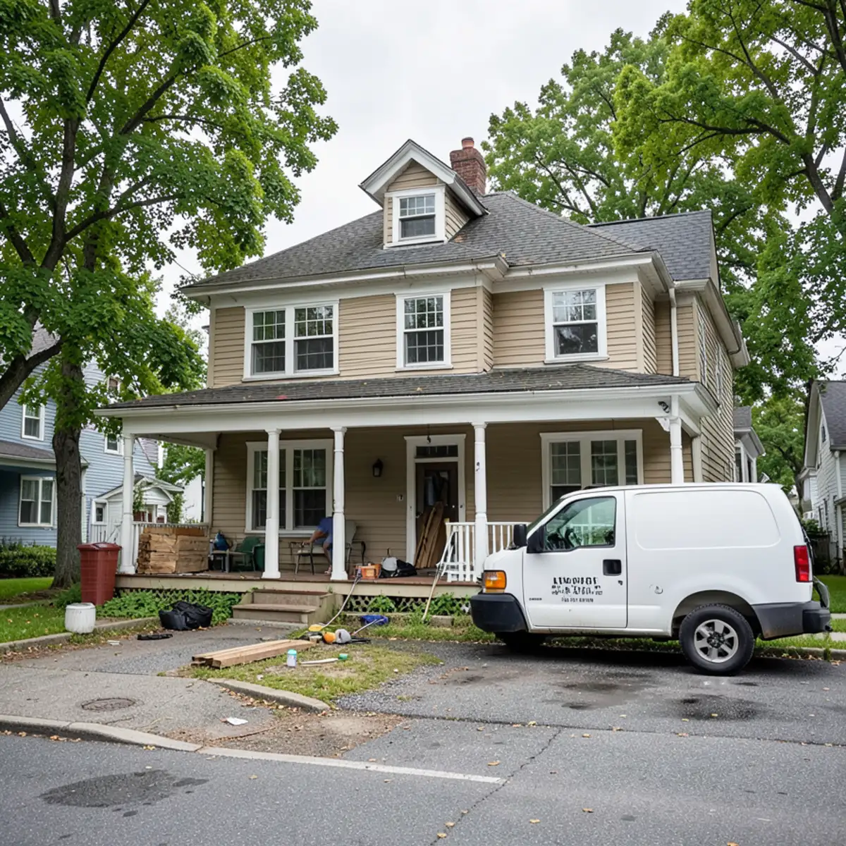 Vintage Craftsman home with wide covered porch in Everett's historic Bayside neighborhood with service van