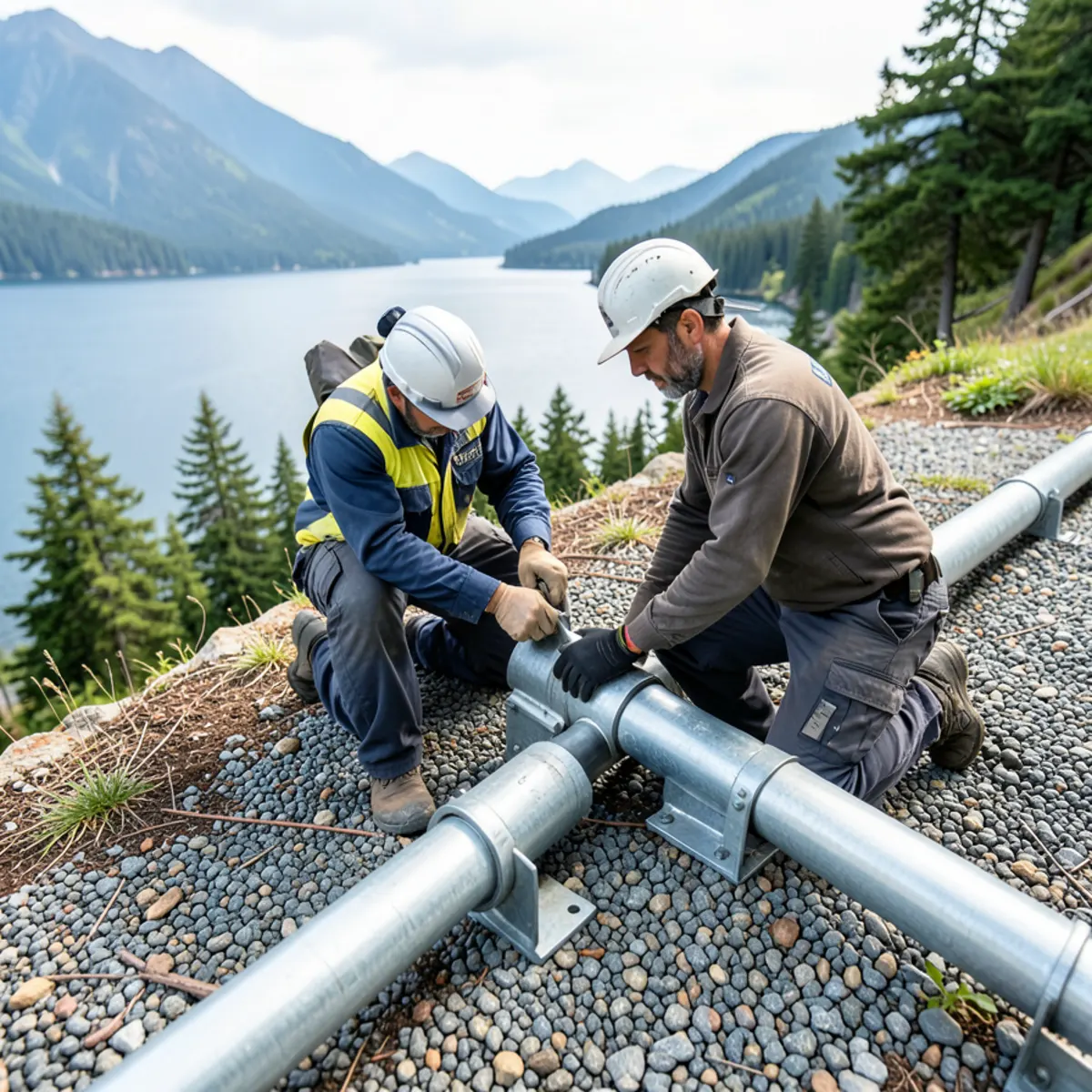 Plumbers securing ABS lateral drain pipe along a steep sloping yard overlooking Lake Stevens