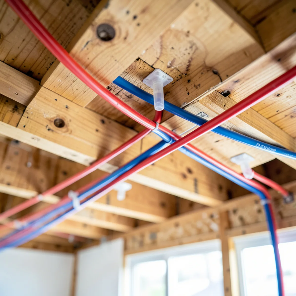 Red and blue PEX water lines routed through ceiling joists of an unfinished daylight basement
