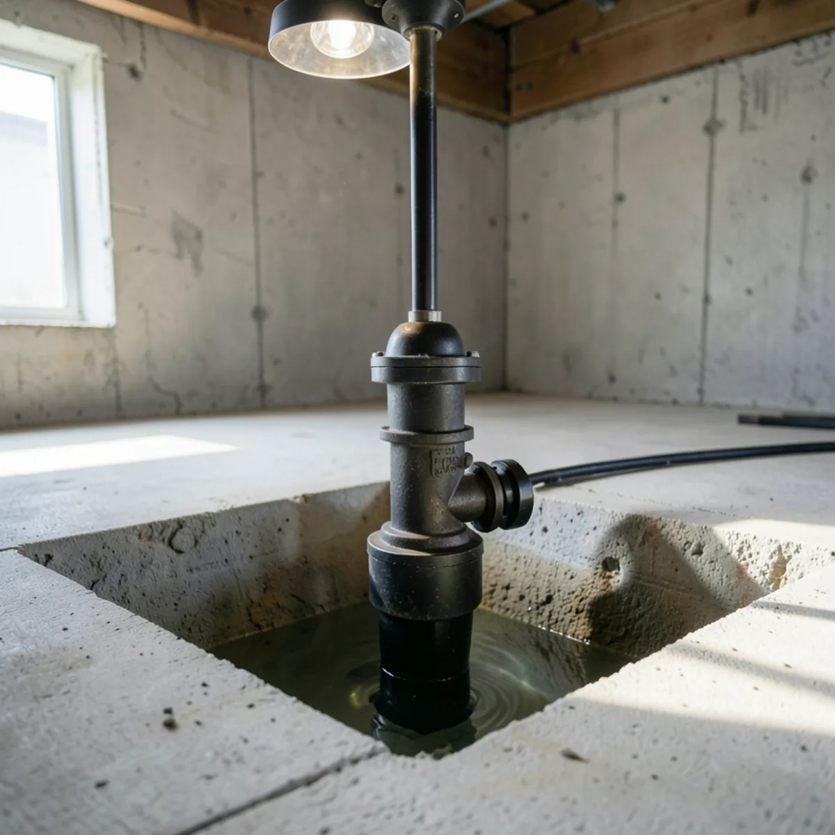 Cast-iron sump pump operating inside a sealed basin recessed into concrete basement floor
