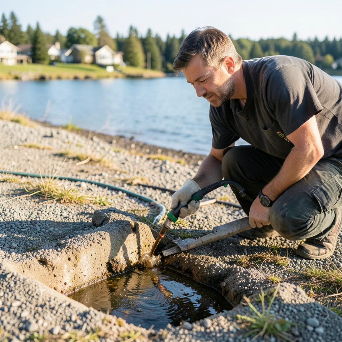 Technician feeding rear-jetting nozzle into cleanout on a flat-grade lot near Ebey Slough estuary