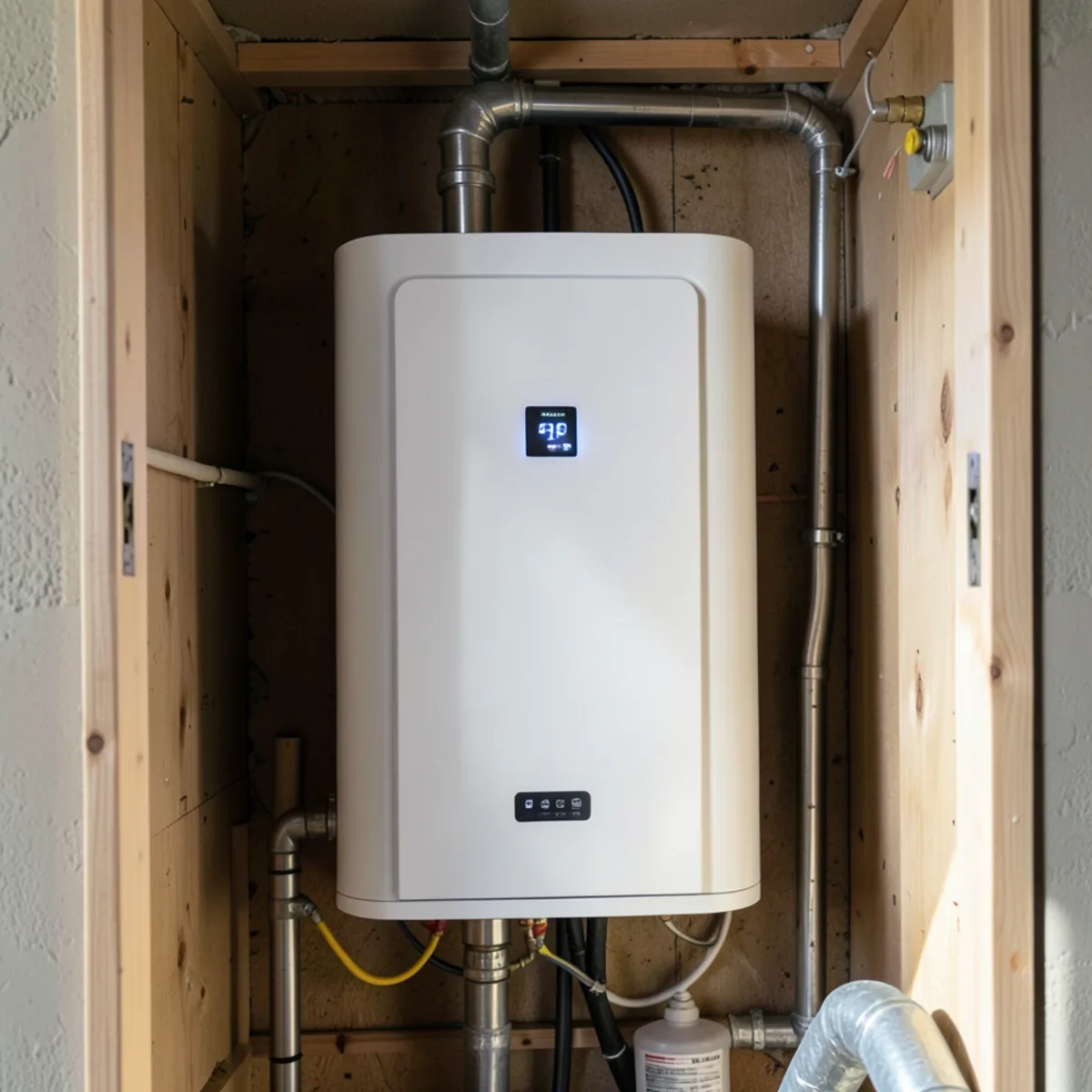 Compact high-efficiency tankless water heater installed in an interior utility closet meeting HOA standards