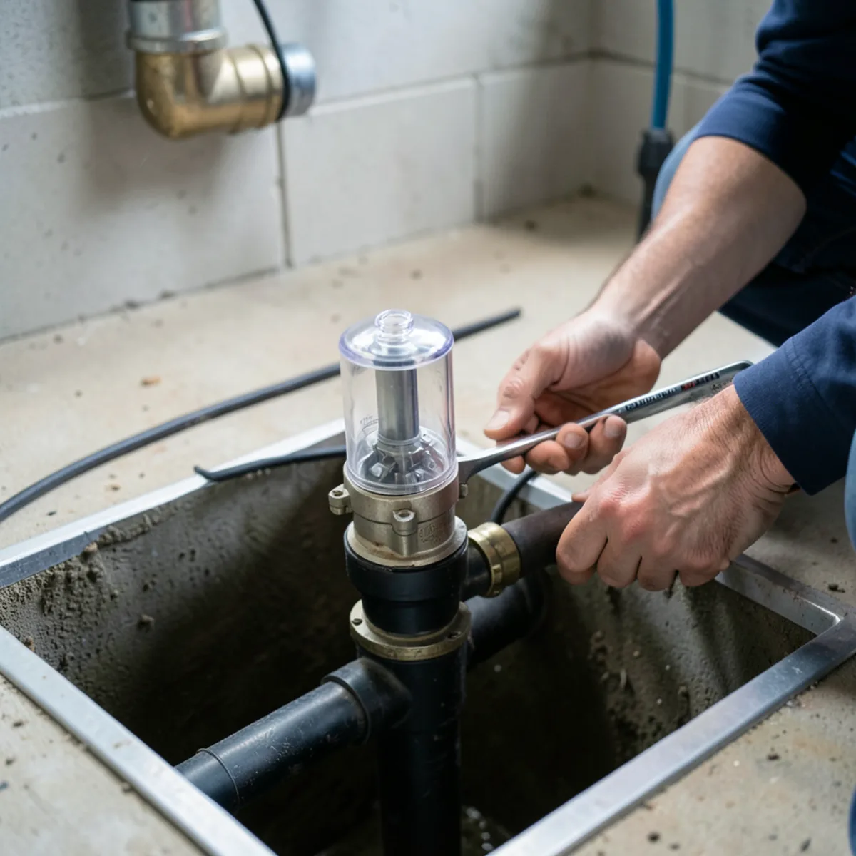 Plumber installing clear-topped mechanical backwater valve onto main sewer line in basement