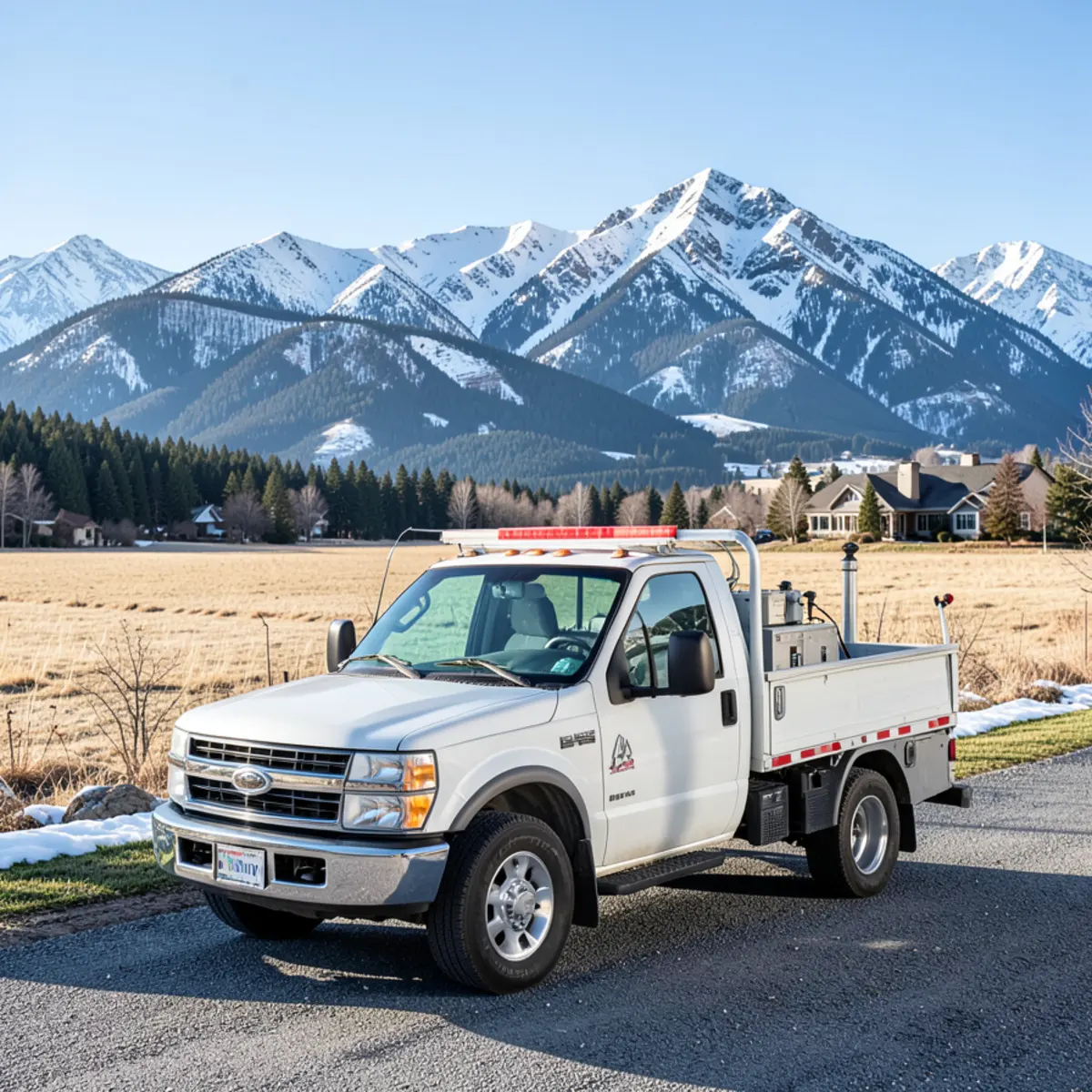 Plumbing service vehicle parked at a country home in Monroe with Cascade foothills in background
