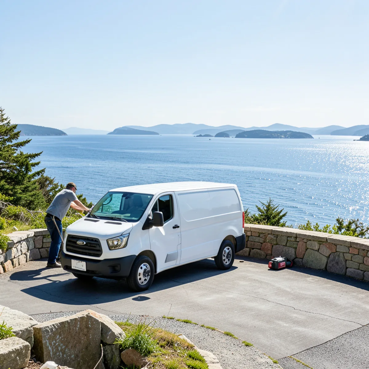 Upscale view home on Mukilteo bluff overlooking Possession Sound with service van in driveway