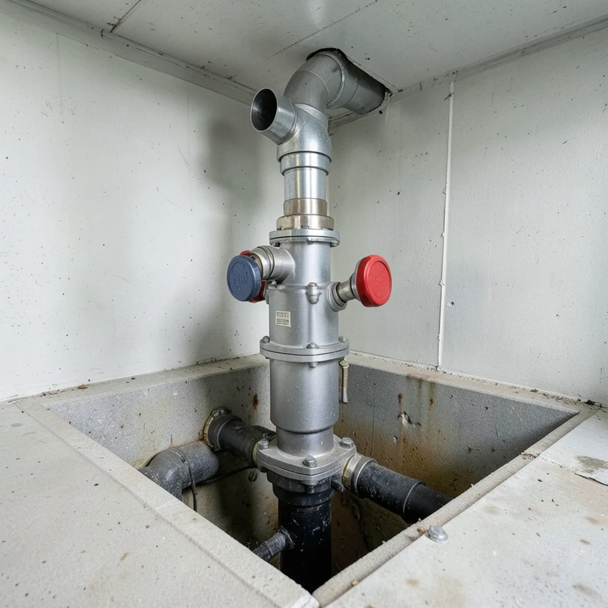Submersible sewage ejector pump installed inside a sealed fiberglass basin in walkout basement