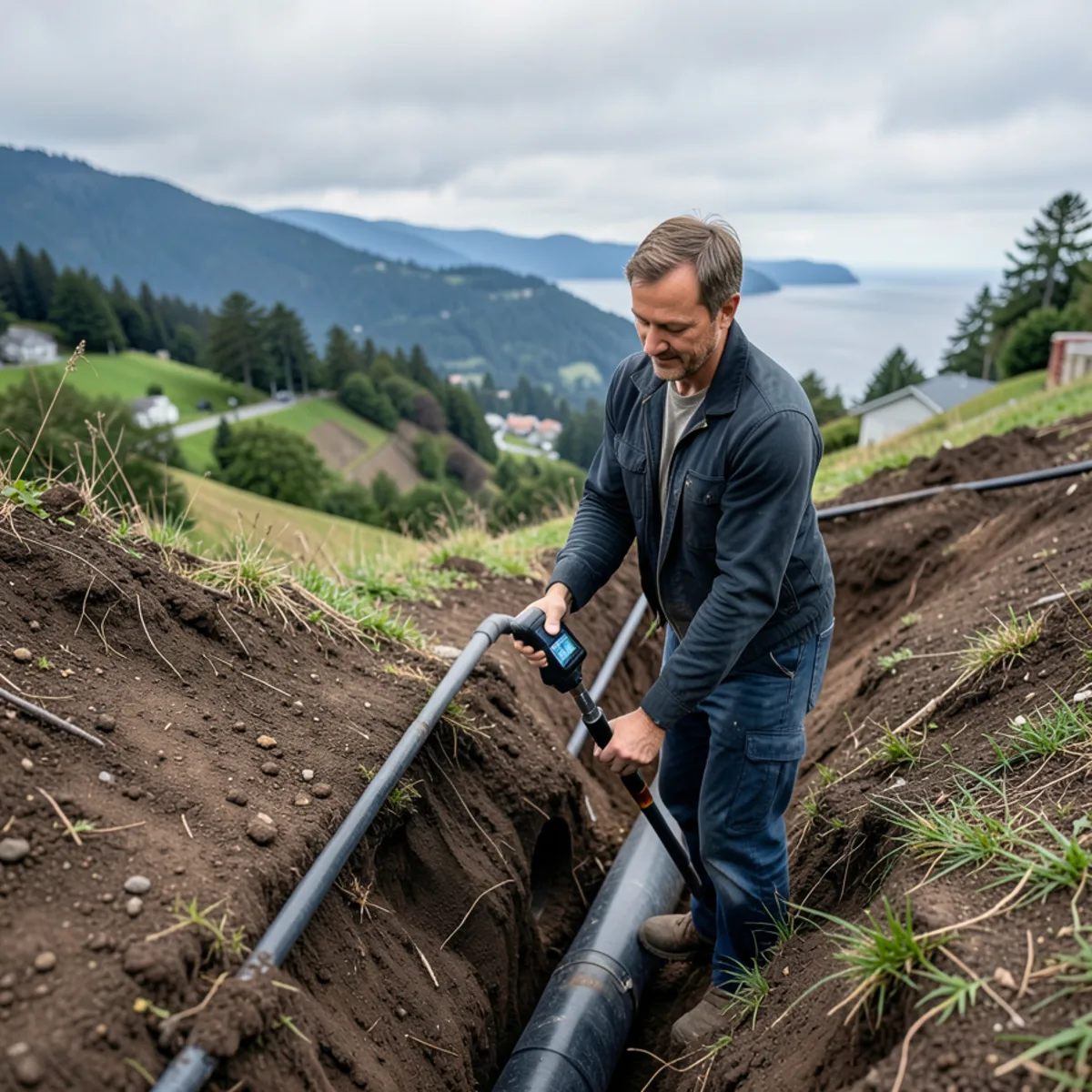 Technician using digital laser leveling device over exposed sewer trench on steep hillside