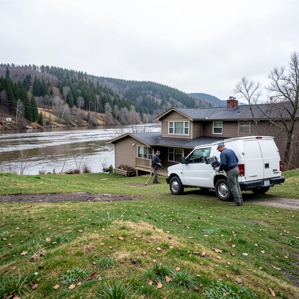 Snohomish River valley home with receding floodwaters and white plumbing van parked safely on high ground