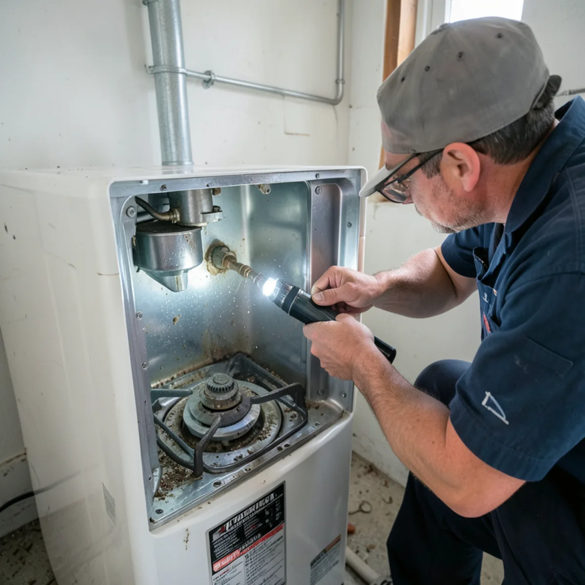 Technician using flashlight to inspect burner compartment of a floor-standing gas water heater after flooding
