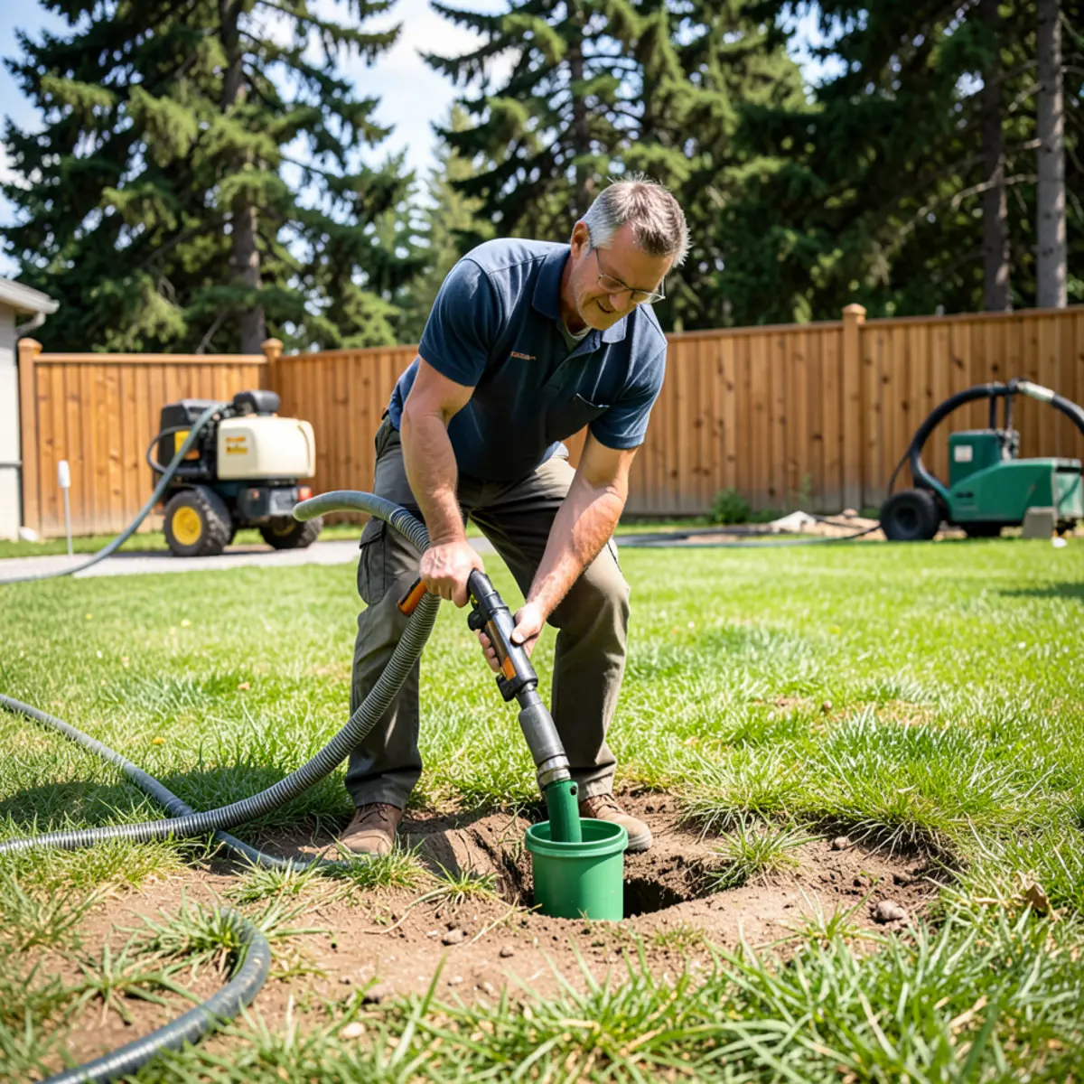 Plumber guiding high-pressure hydro-jetting hose into an exterior lawn cleanout