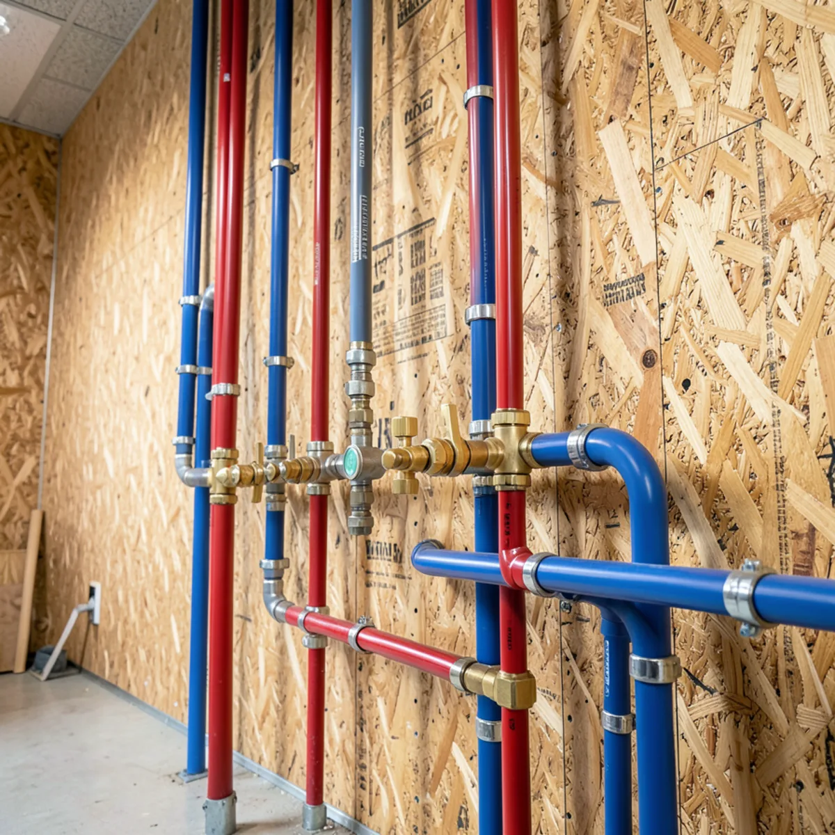 PEX-A water distribution manifold neatly installed on a utility room wall with brass valves