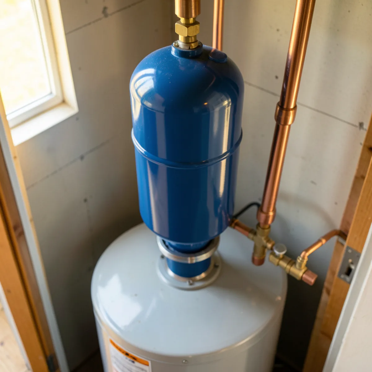Thermal expansion tank installed above water heater on rigid copper pipe