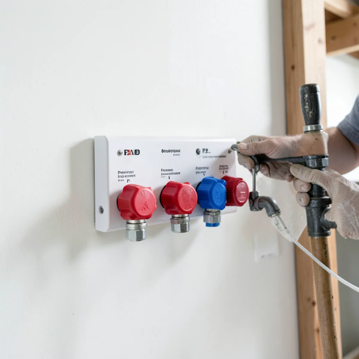 Neatly labeled central PEX manifold directing dedicated water lines to kitchen and bathrooms