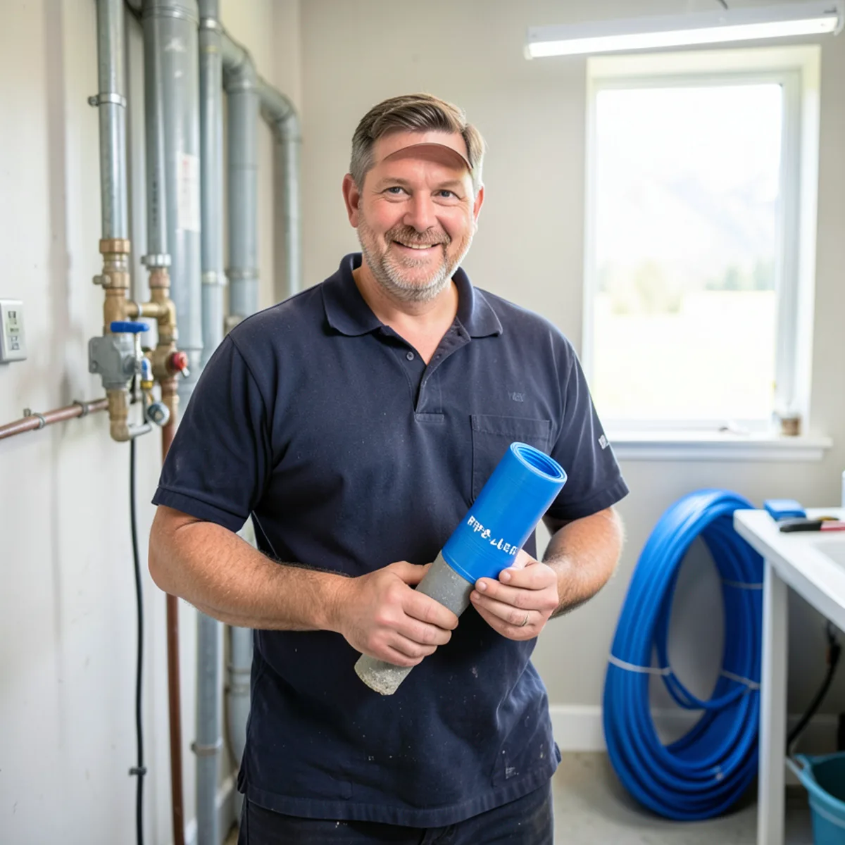 Plumber holding degraded gray polybutylene pipe next to roll of flexible new blue PEX-A pipe