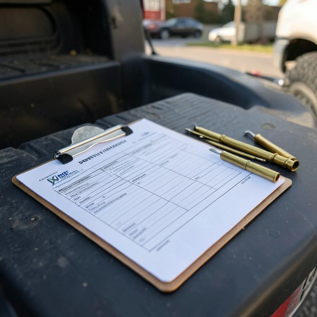 County septic inspection checklist attached to aluminum clipboard on truck bumper