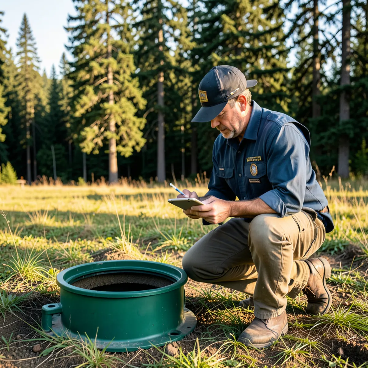 Plumbing inspector kneeling beside green plastic septic tank riser lid on rural Snohomish County acreage