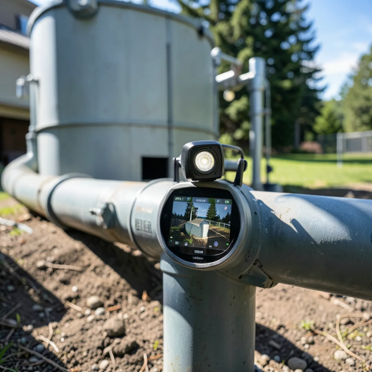 Sewer camera entering four-inch PVC conveyance pipe from cleanout toward septic tank