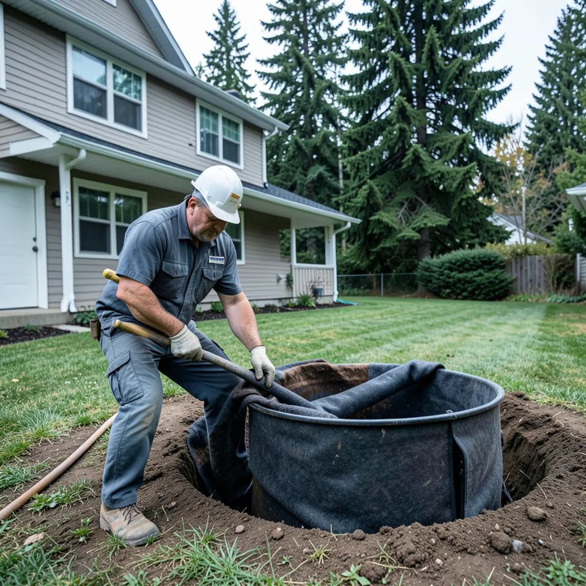 Sewer repair specialist reviewing underground schematic beside an open pipe lining drum in a front yard