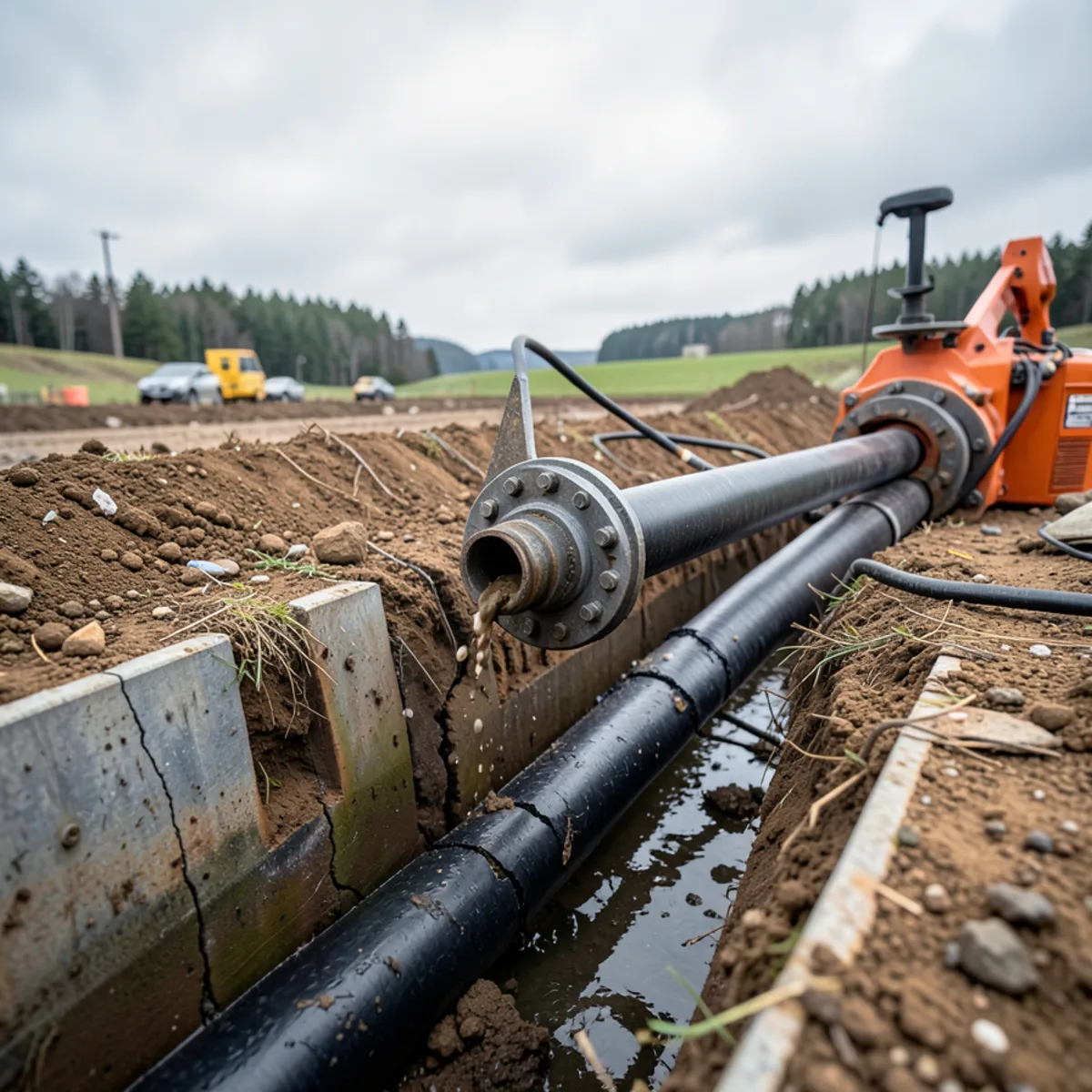 Hydraulic pipe bursting unit in an access pit pulling continuous black HDPE pipe through damaged sewer