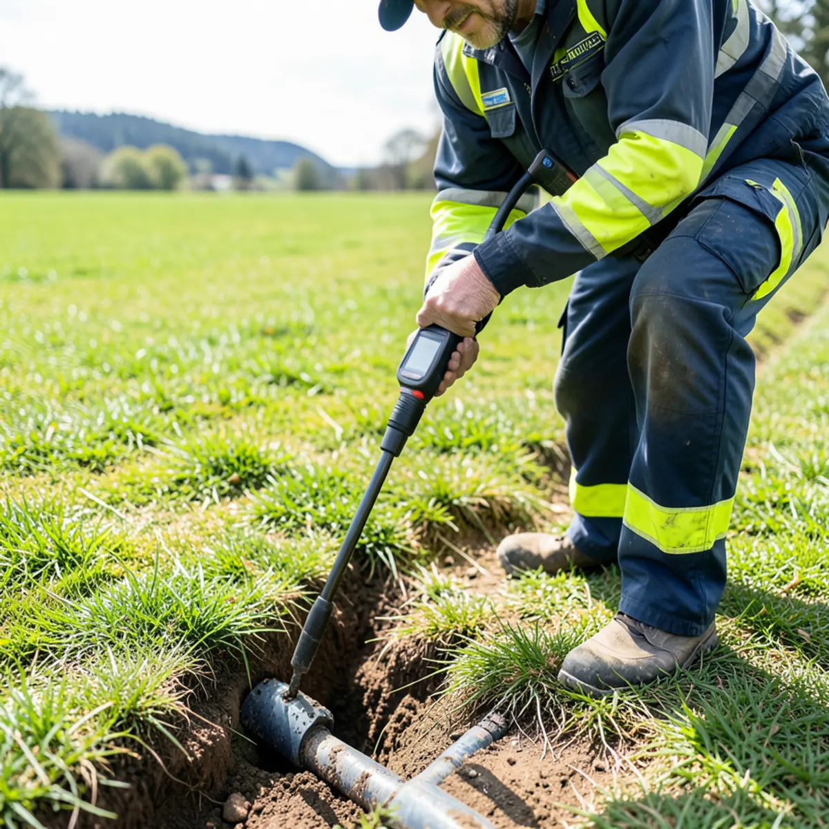 Technician using electronic locating receiver wand over lawn to trace underground pipe depth