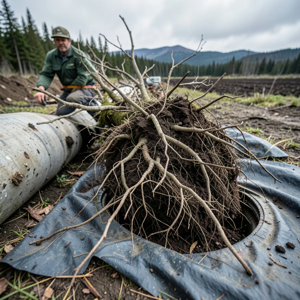 Dense cluster of tree roots pulled out of an old vitrified clay side sewer lateral on a tarp