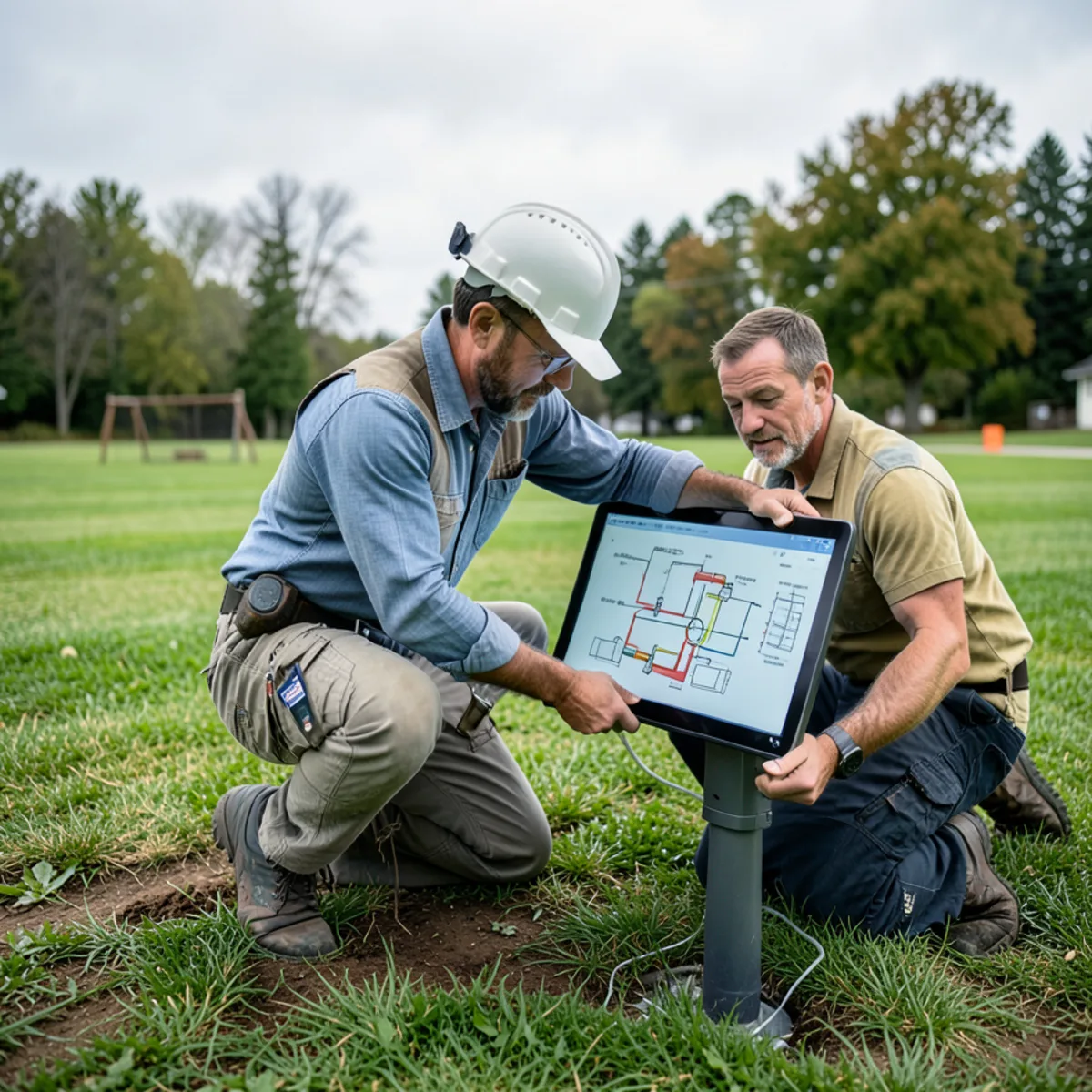 Sewer repair technician reviewing lateral schematics on digital screen beside a front lawn