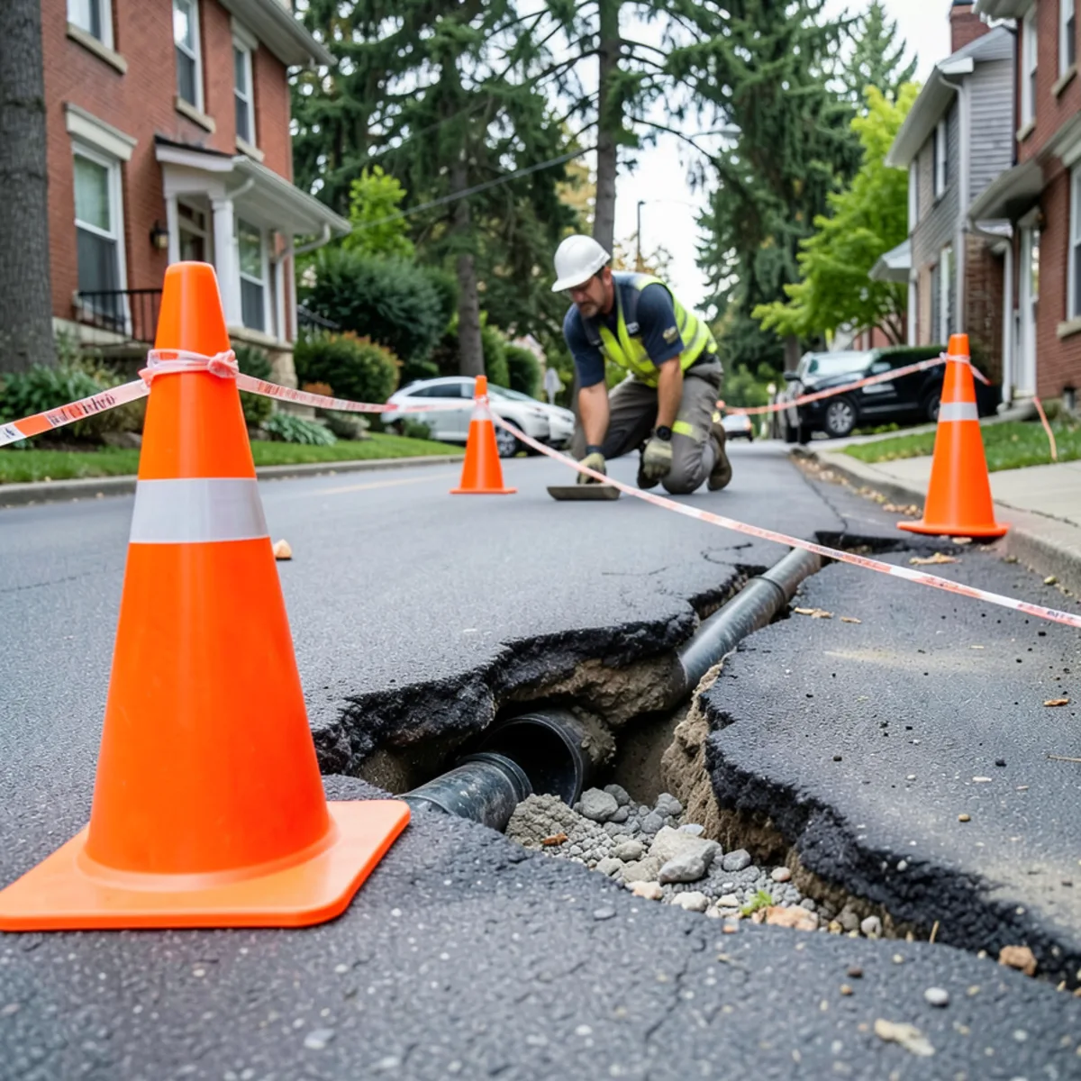 Small asphalt street opening with orange cones showing connection where side sewer joins city main