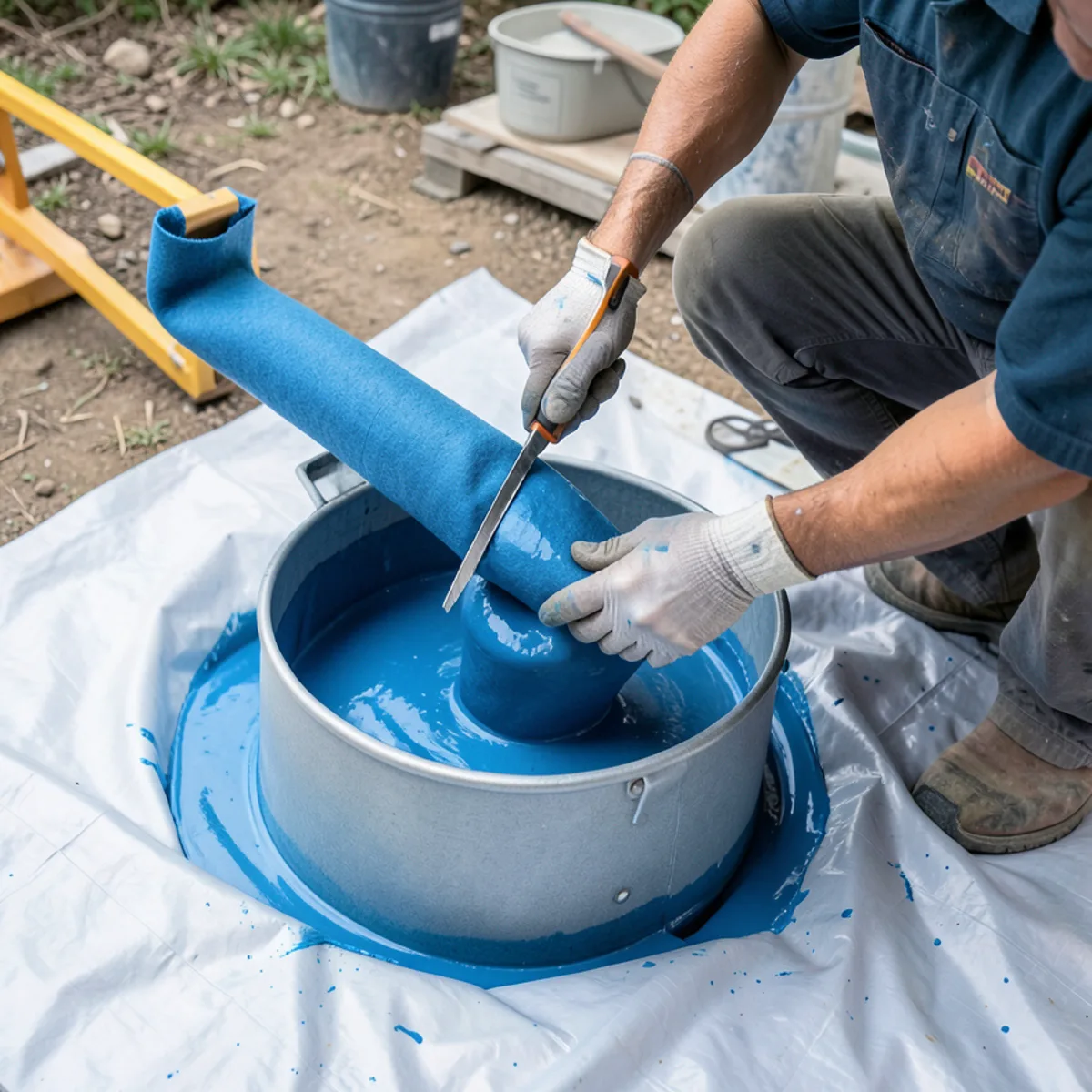Specialist trimming blue epoxy-saturated felt pipe liner before feeding into inversion drum