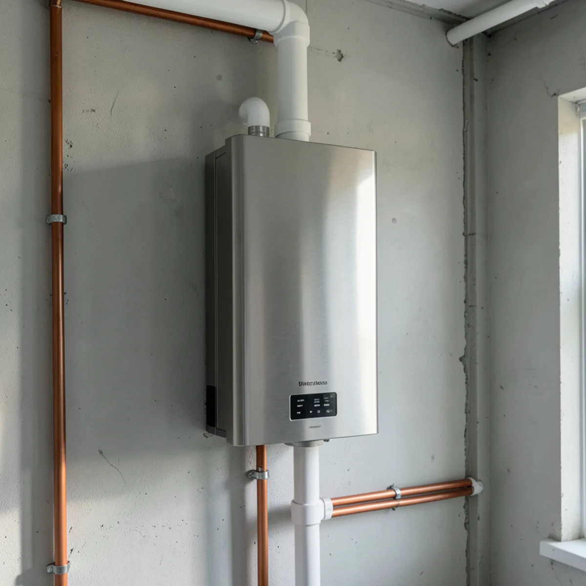Modern wall-mounted condensing tankless gas water heater with insulated copper lines and PVC vents