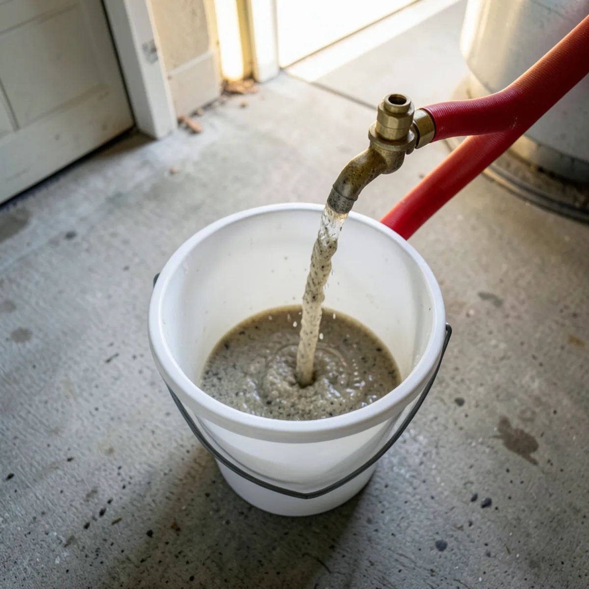 Garden hose connected to brass tank drain valve flushing mineral sediment into a white bucket